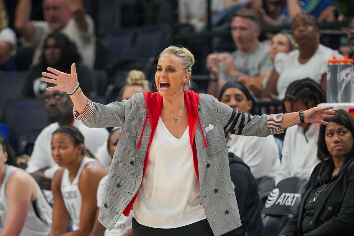 Jul 25, 2025; Minneapolis, Minnesota, USA; Las Vegas Aces head coach Becky Hammon against the Minnesota Lynx in the second quarter at Target Center. Mandatory Credit: Brad Rempel-Imagn Images