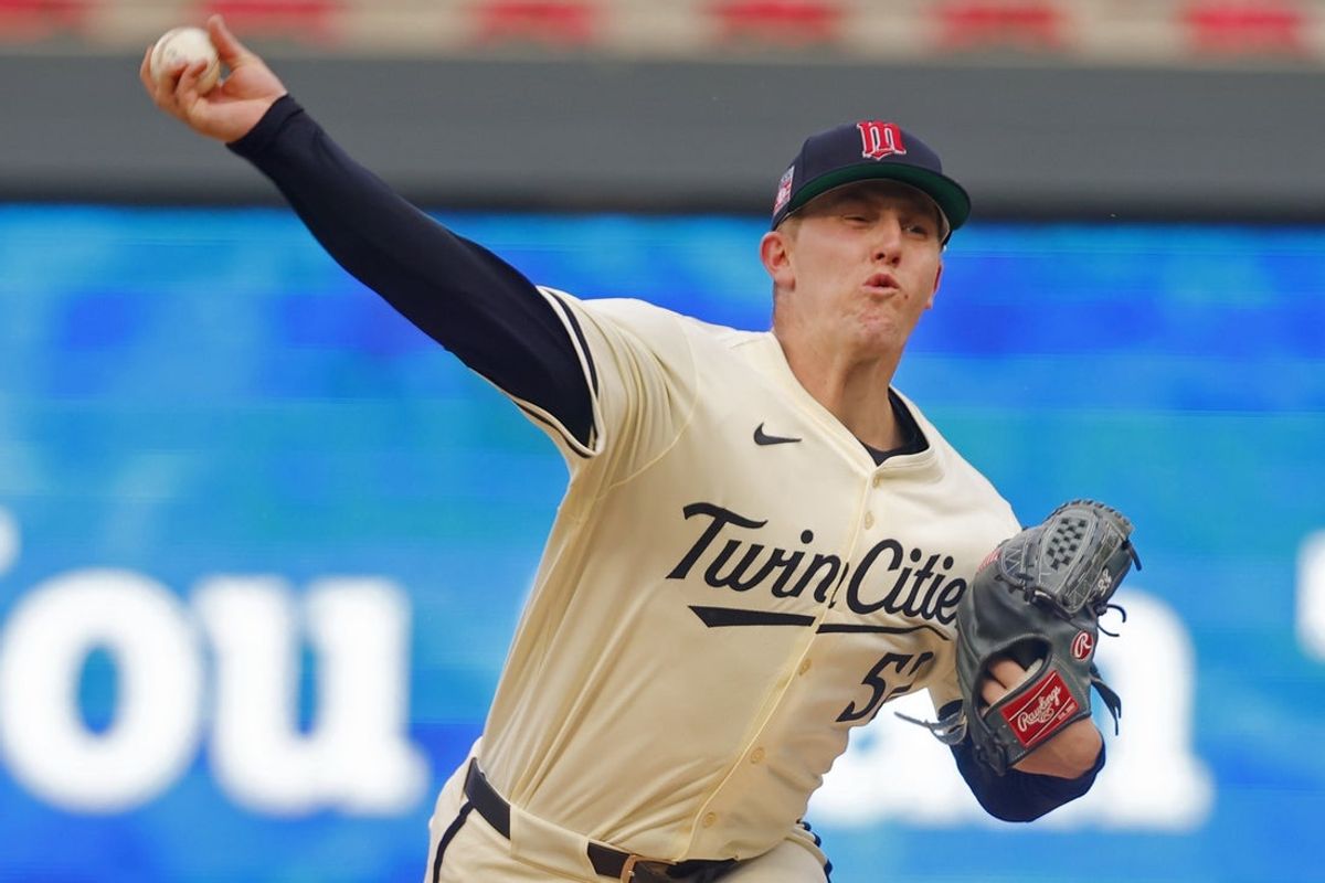 Jul 25, 2025; Minneapolis, Minnesota, USA; Minnesota Twins starting pitcher Zebby Matthews (52) throws to the Washington Nationals in the first inning at Target Field. Mandatory Credit: Bruce Kluckhohn-Imagn Images