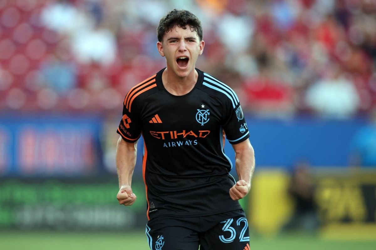 Jul 25, 2025; Frisco, Texas, USA; New York City midfielder Jonathan Shore (32) celebrates scoring a goal against the FC Dallas during the first half at Toyota Stadium. Mandatory Credit: Tim Heitman-Imagn Images