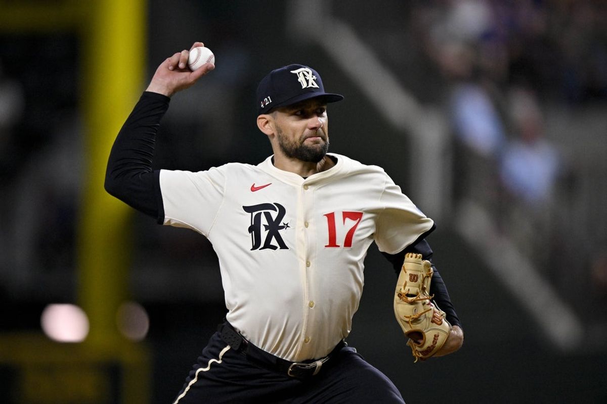 Jul 25, 2025; Arlington, Texas, USA; Texas Rangers starting pitcher Nathan Eovaldi (17) pitches against the Atlanta Braves during the third inning at Globe Life Field. Mandatory Credit: Jerome Miron-Imagn Images