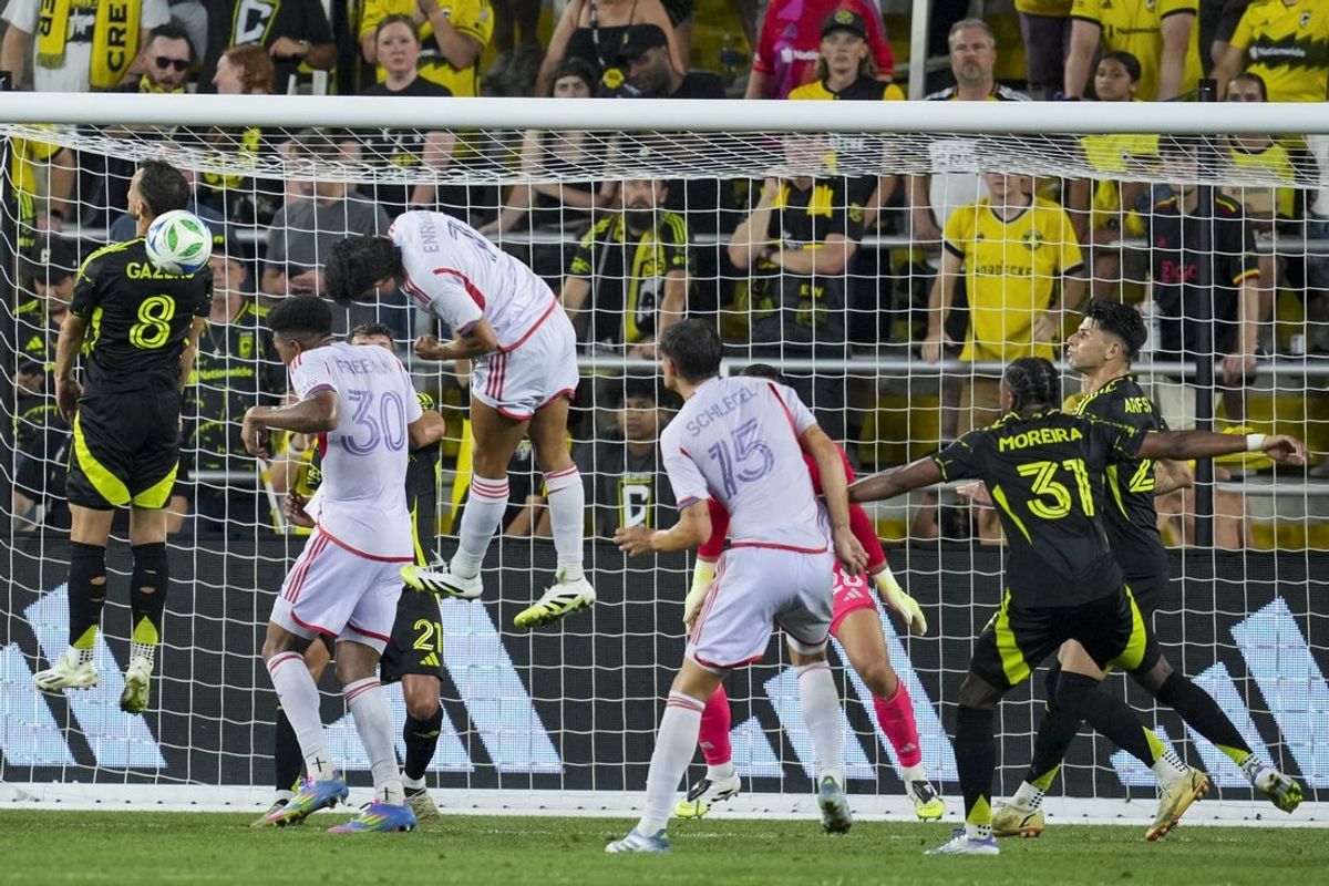 Jul 25, 2025; Columbus, Ohio, USA;  Orlando City forward Ramiro Enrique (7) heads the ball against the Columbus Crew in the second half at Lower.com Field. Mandatory Credit: Aaron Doster-Imagn Images