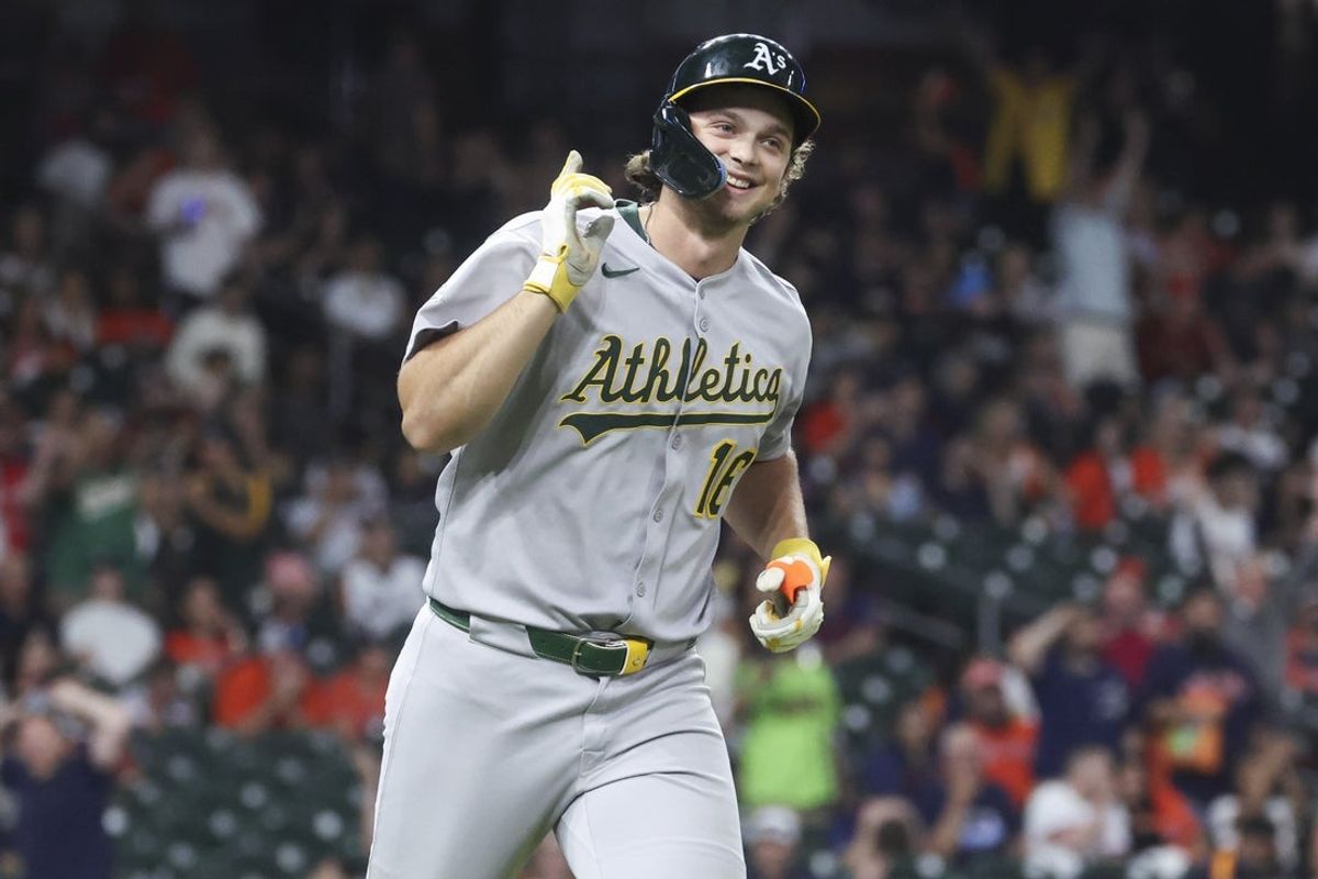 Jul 25, 2025; Houston, Texas, USA;  Athletics designated hitter Nick Kurtz (16) celebrates after hitting his fourth home run of the game during the ninth inning against the Houston Astros at Daikin Park. Mandatory Credit: Troy Taormina-Imagn Images