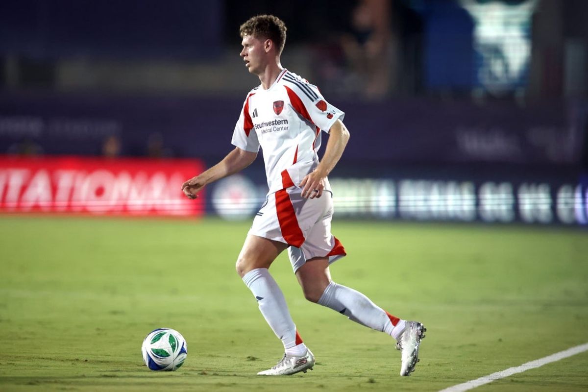 Jul 25, 2025; Frisco, Texas, USA; FC Dallas midfielder Christian Cappis (12) controls the ball during the second half against the New York City at Toyota Stadium. Mandatory Credit: Tim Heitman-Imagn Images