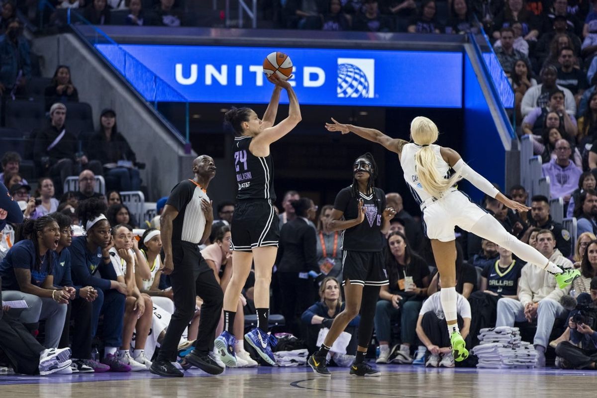 Jul 25, 2025; San Francisco, California, USA;  Golden State Valkyries forward Cecilia Zandalasini (24) takes a three-point shot against the Dallas Wings during the second quarter at Chase Center. Mandatory Credit: John Hefti-Imagn Images