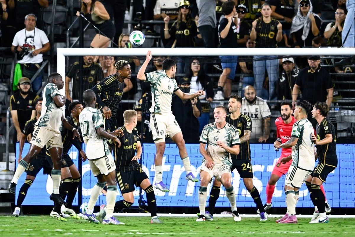 Jul 25, 2025; Los Angeles, California, USA; Portland Timbers midfielder Cristhian Paredes (17) scores a goal on a header off a corner kick against Los Angeles FC during the first half at BMO Stadium. Mandatory Credit: Kelvin Kuo-Imagn Images