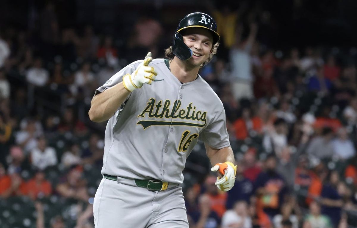 Jul 25, 2025; Houston, Texas, USA;  Athletics designated hitter Nick Kurtz (16) celebrates after hitting his fourth home run of the game during the ninth inning against the Houston Astros at Daikin Park. Mandatory Credit: Troy Taormina-Imagn Images