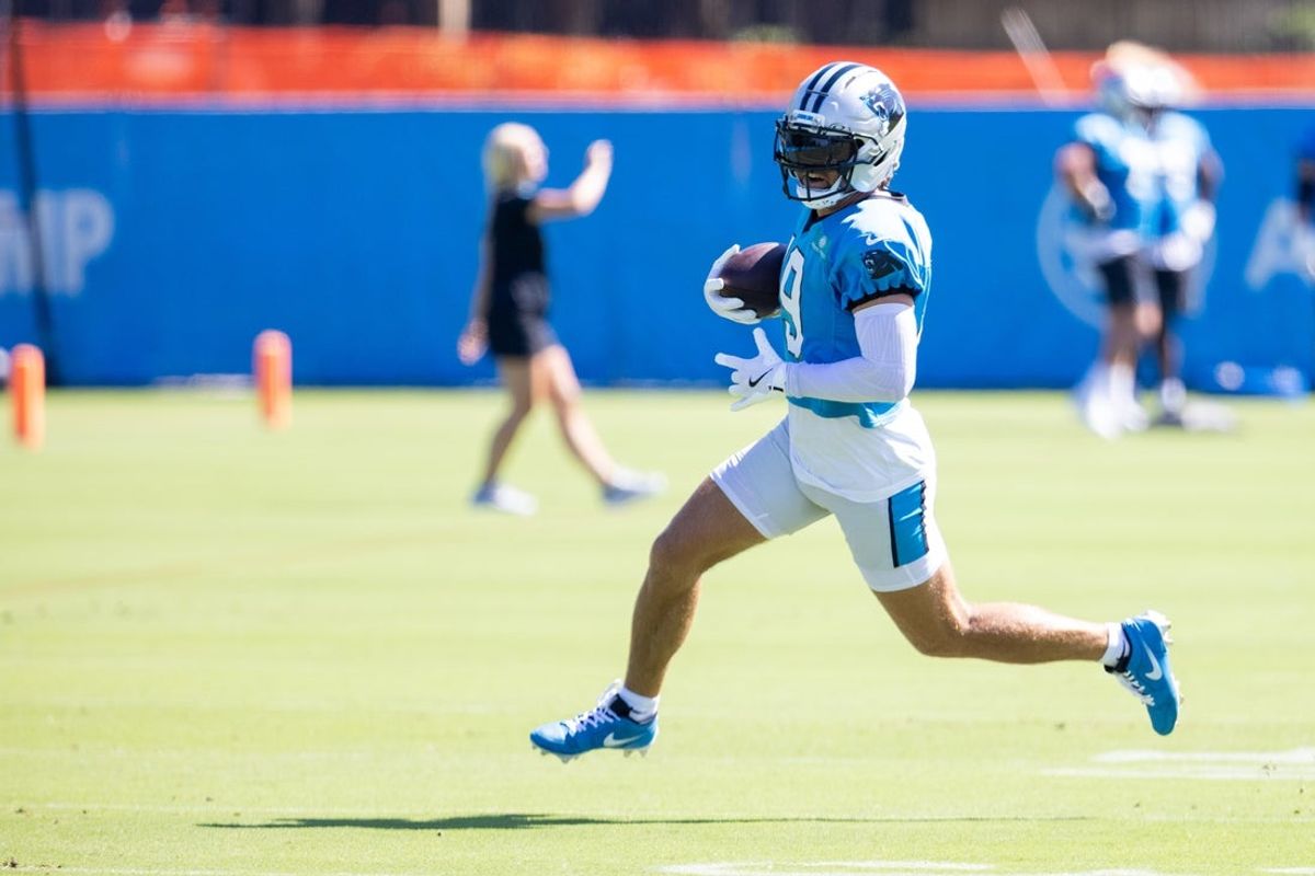 Jul 26, 2025; Charlotte, NC, USA; Carolina Panthers wide receiver Adam Thielen (19) runs after a catch during practice at training camp. Mandatory Credit: Scott Kinser-Imagn Images