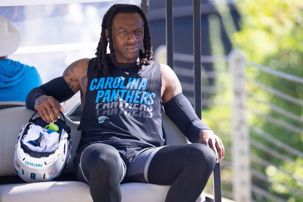 Jul 26, 2025; Charlotte, NC, USA; Carolina Panthers cornerback Jaycee Horn (8) rides to practice during training camp. Mandatory Credit: Scott Kinser-Imagn Images