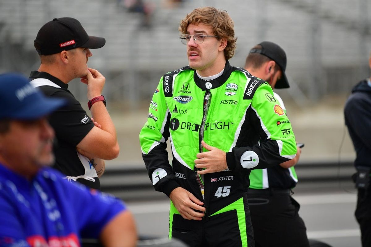 Jul 26, 2025; Salinas, California, USA; Rahal Letterman Lanigan Racing driver Louis Foster (45) during a delay in practice at WeatherTech Raceway Laguna Seca. Mandatory Credit: Gary A. Vasquez-Imagn Images
