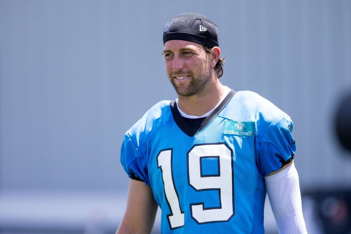 Jul 26, 2025; Charlotte, NC, USA; Carolina Panthers wide receiver Adam Thielen (19) walks off after practice at training camp. Mandatory Credit: Scott Kinser-Imagn Images
