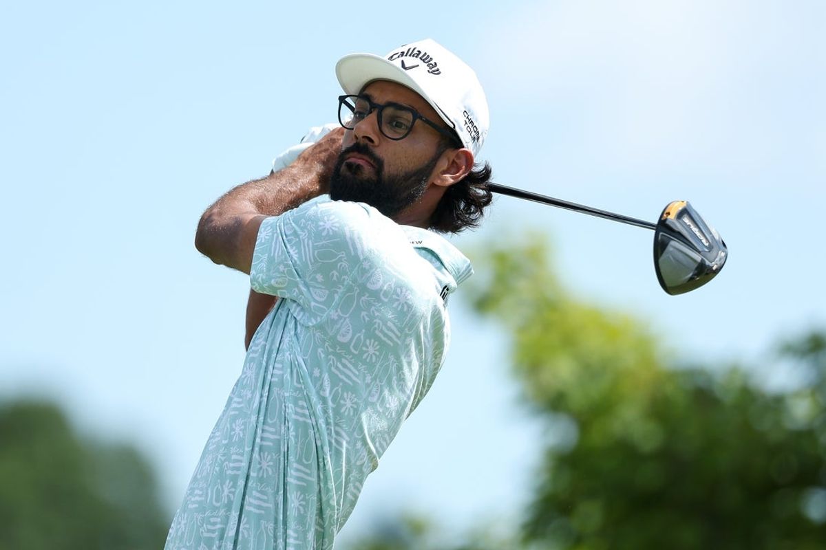Jul 26, 2025; Blaine, Minnesota, USA; Akshay Bhatia plays his shot from the first tee during the third round of the 3M Open golf tournament. Mandatory Credit: Matt Krohn-Imagn Images