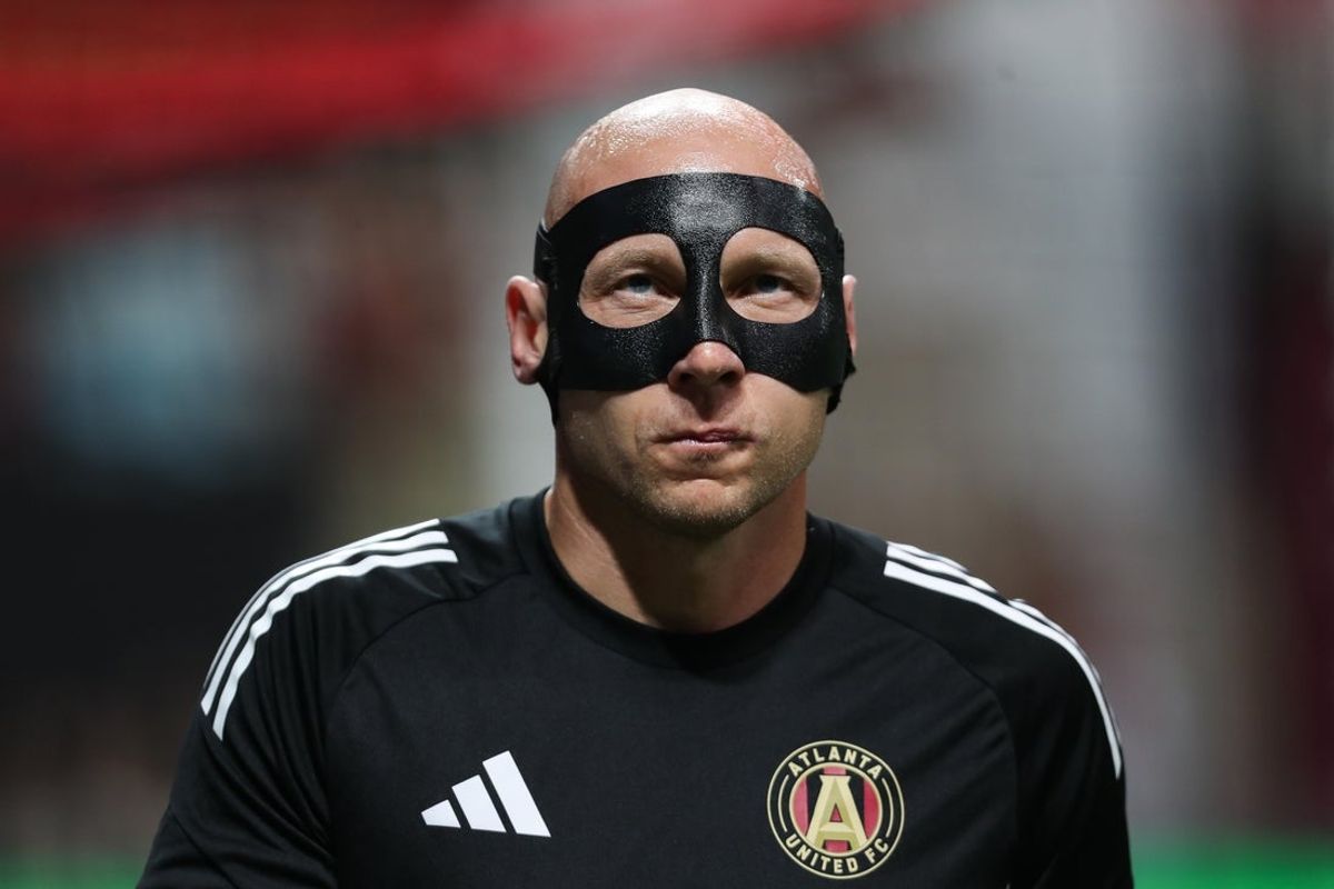 Jul 26, 2025; Atlanta, Georgia, USA;  Atlanta United goalkeeper Brad Guzan (1) before a match against Seattle Sounders at Mercedes-Benz Stadium. Mandatory Credit: Mady Mertens-Imagn Images