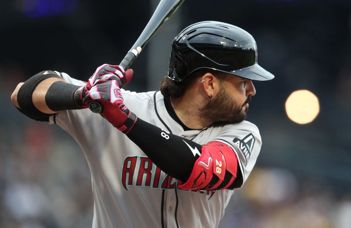 Jul 26, 2025; Pittsburgh, Pennsylvania, USA;  Arizona Diamondbacks third baseman Eugenio Suarez (28) at bat against the Pittsburgh Pirates during the first inning at PNC Park. Mandatory Credit: Charles LeClaire-Imagn Images