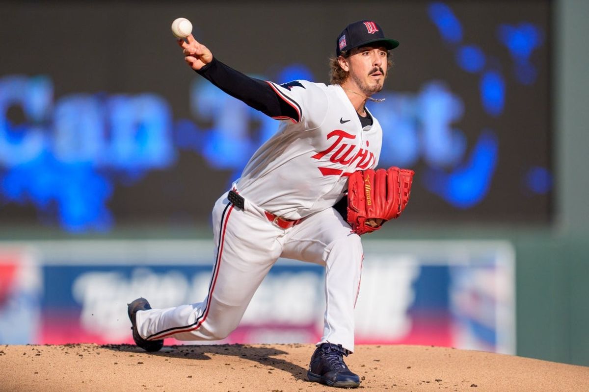 Jul 26, 2025; Minneapolis, Minnesota, USA; Minnesota Twins starting pitcher Joe Ryan (41) pitches to the Washington National in the first inning at Target Field. Mandatory Credit: Matt Blewett-Imagn Images