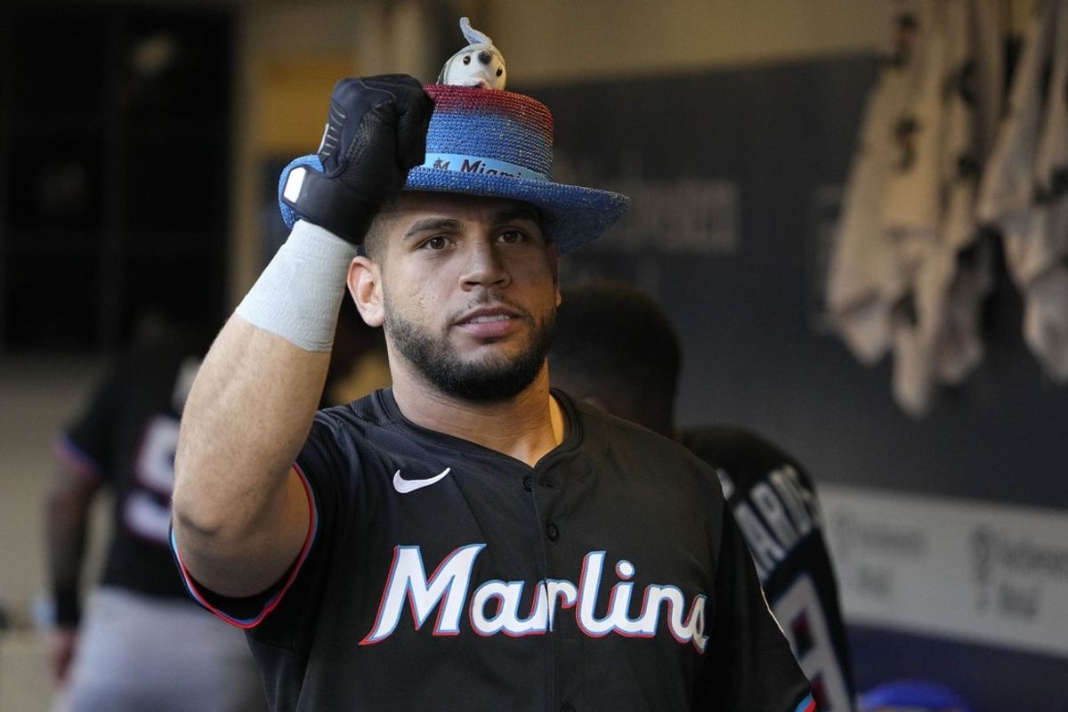 Jul 26, 2025; Milwaukee, Wisconsin, USA; Miami Marlins catcher Agustín Ramírez (50) celebrates after hitting a home run agains the Milwaukee Brewers in the fourth inning at American Family Field. Mandatory Credit: Michael McLoone-Imagn Images