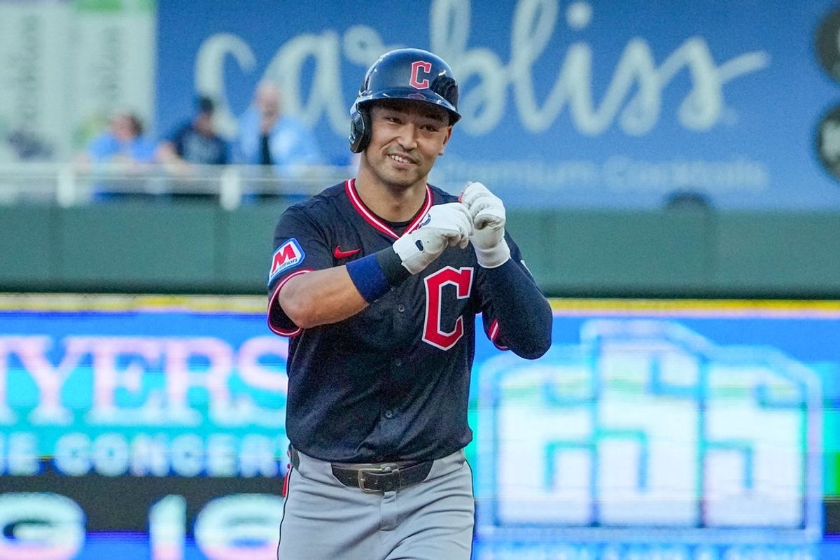 Jul 26, 2025; Kansas City, Missouri, USA; Cleveland Guardians left fielder Steven Kwan (38) celebrates while running the bases after hitting a two run home run against the Kansas City Royals in the fourth inning at Kauffman Stadium. Mandatory Credit: Denny Medley-Imagn Images