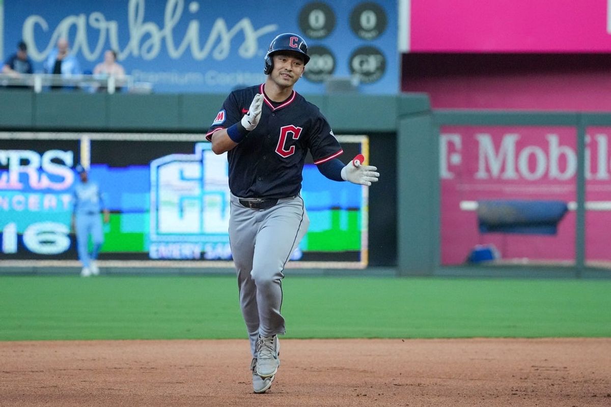 Jul 26, 2025; Kansas City, Missouri, USA; Cleveland Guardians left fielder Steven Kwan (38) celebrates while running the bases after hitting a two run home run against the Kansas City Royals in the fourth inning at Kauffman Stadium. Mandatory Credit: Denny Medley-Imagn Images