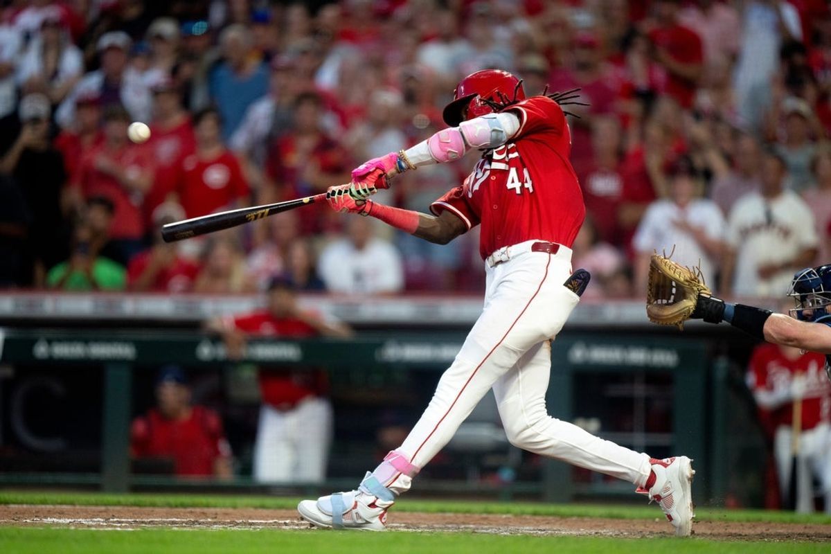 Cincinnati Reds shortstop Elly De La Cruz (44) hits a 2-run RBI single in the seventh inning between Cincinnati Reds and Tampa Bay Rays at Great American Ball Park in Cincinnati on July 26, 2025.