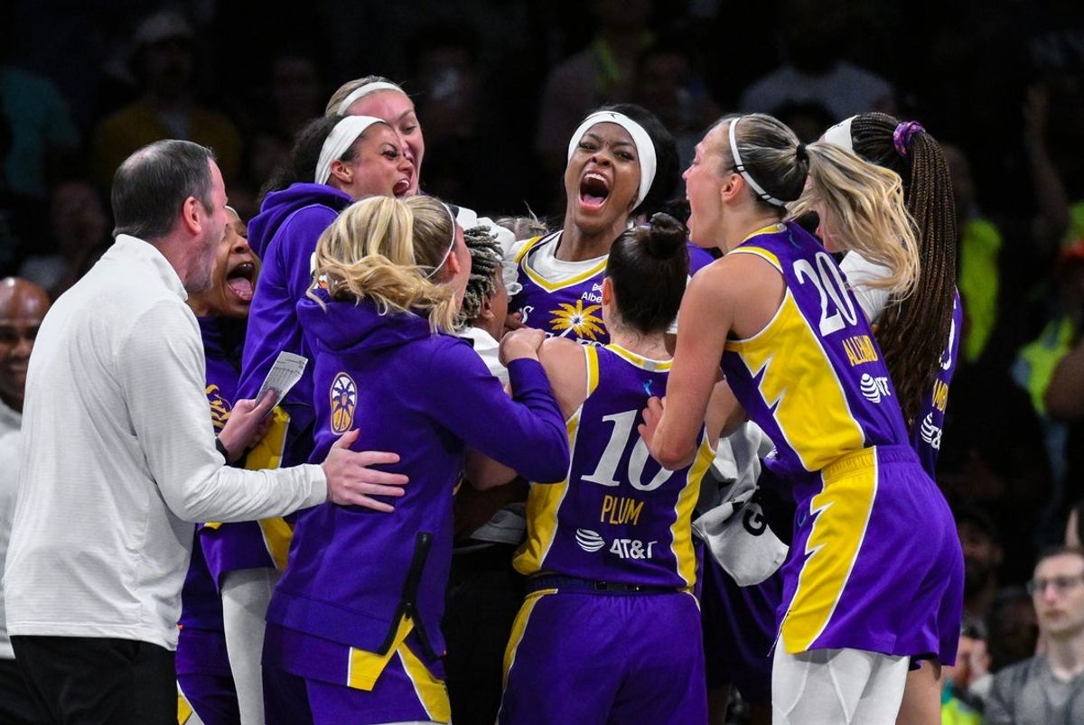 Jul 26, 2025; Brooklyn, New York, USA; Los Angeles Sparks forward Rickea Jackson (2) celebrates with teammates after scoring the game winning basket at the buzzer during the second half against the New York Liberty at Barclays Center. Mandatory Credit: John Jones-Imagn Images