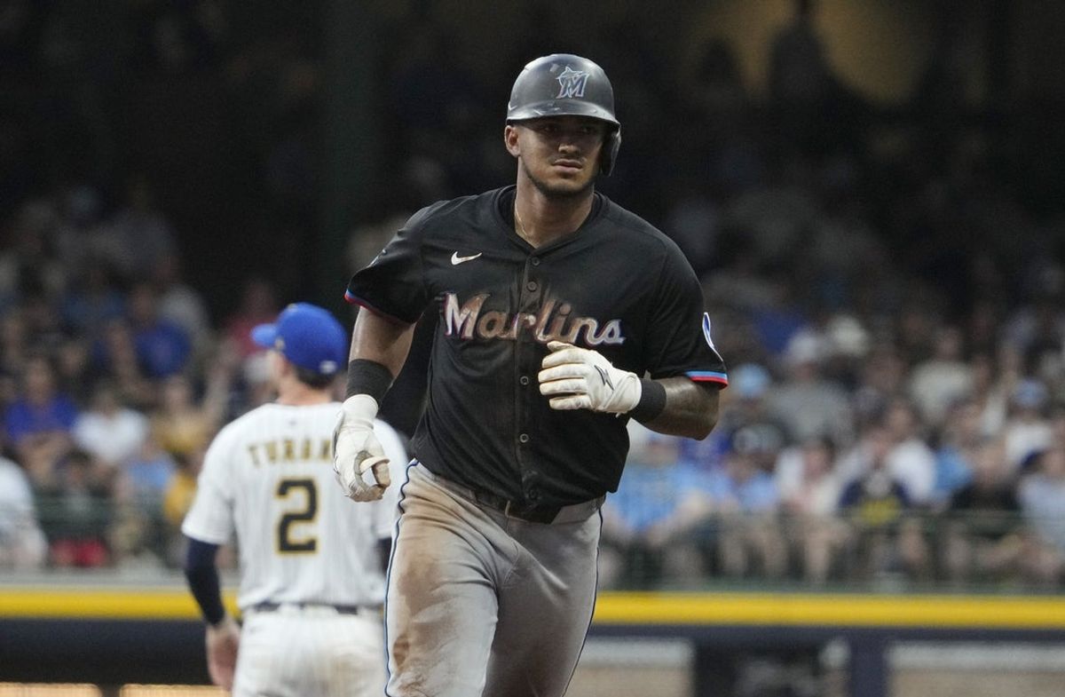 Jul 26, 2025; Milwaukee, Wisconsin, USA; Miami Marlins outfielder Dane Myers (54) rounds the bases after hitting a home run against the Milwaukee Brewers in the sixth inning at American Family Field. Mandatory Credit: Michael McLoone-Imagn Images
