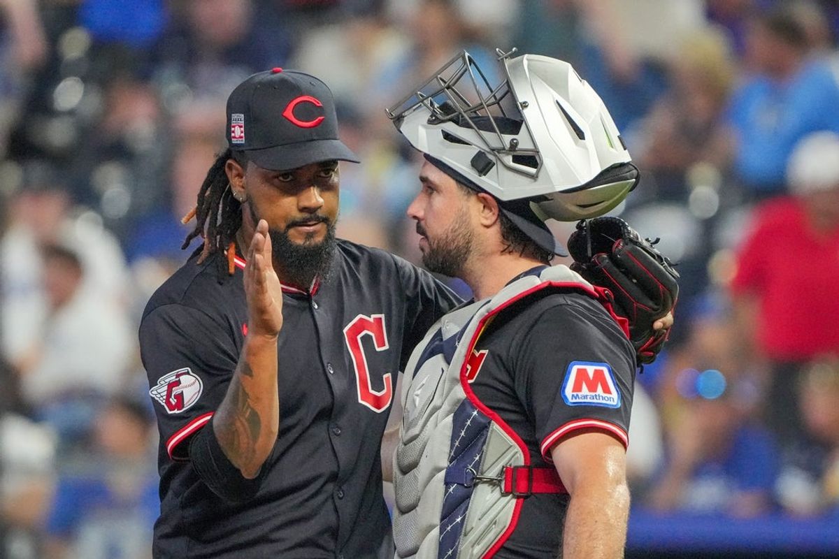 Jul 26, 2025; Kansas City, Missouri, USA; Cleveland Guardians relief pitcher Emmanuel Clase (48) celebrates with catcher Austin Hedges (27) after the win over the Kansas City Royals at Kauffman Stadium. Mandatory Credit: Denny Medley-Imagn Images