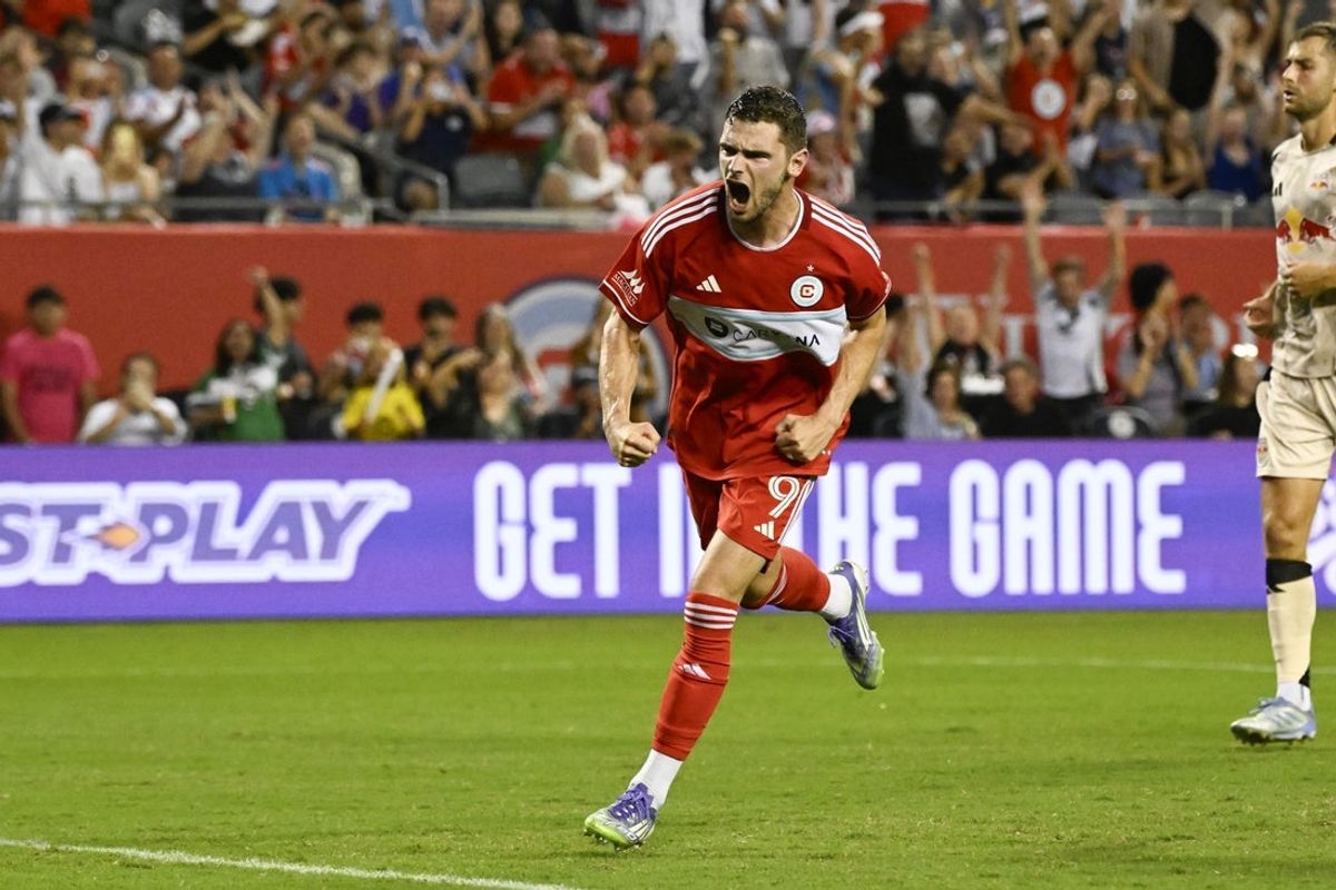 Jul 26, 2025; Chicago, Illinois, USA;  Chicago Fire forward Hugo Cuypers (9) yells after he scores a goal against the New York Red Bulls during the first half at Soldier Field. Mandatory Credit: Matt Marton-Imagn Images
