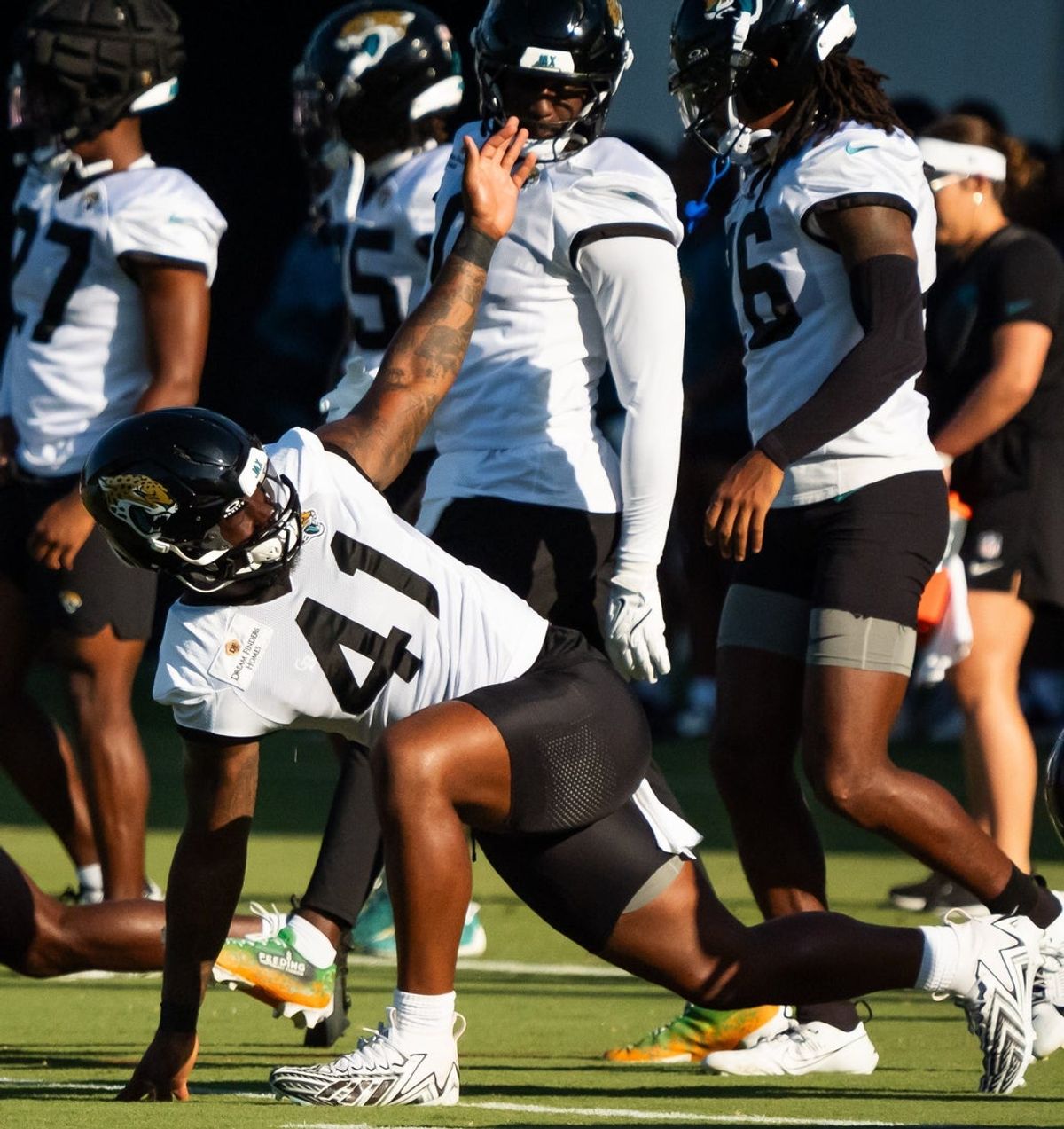 Jacksonville Jaguars defensive end Josh Hines-Allen (41) warms up during an NFL training camp fourth session at the Miller Electric Center, Sunday, July 27, 2025, in Jacksonville, Fla. [Doug Engle/Florida Times-Union]