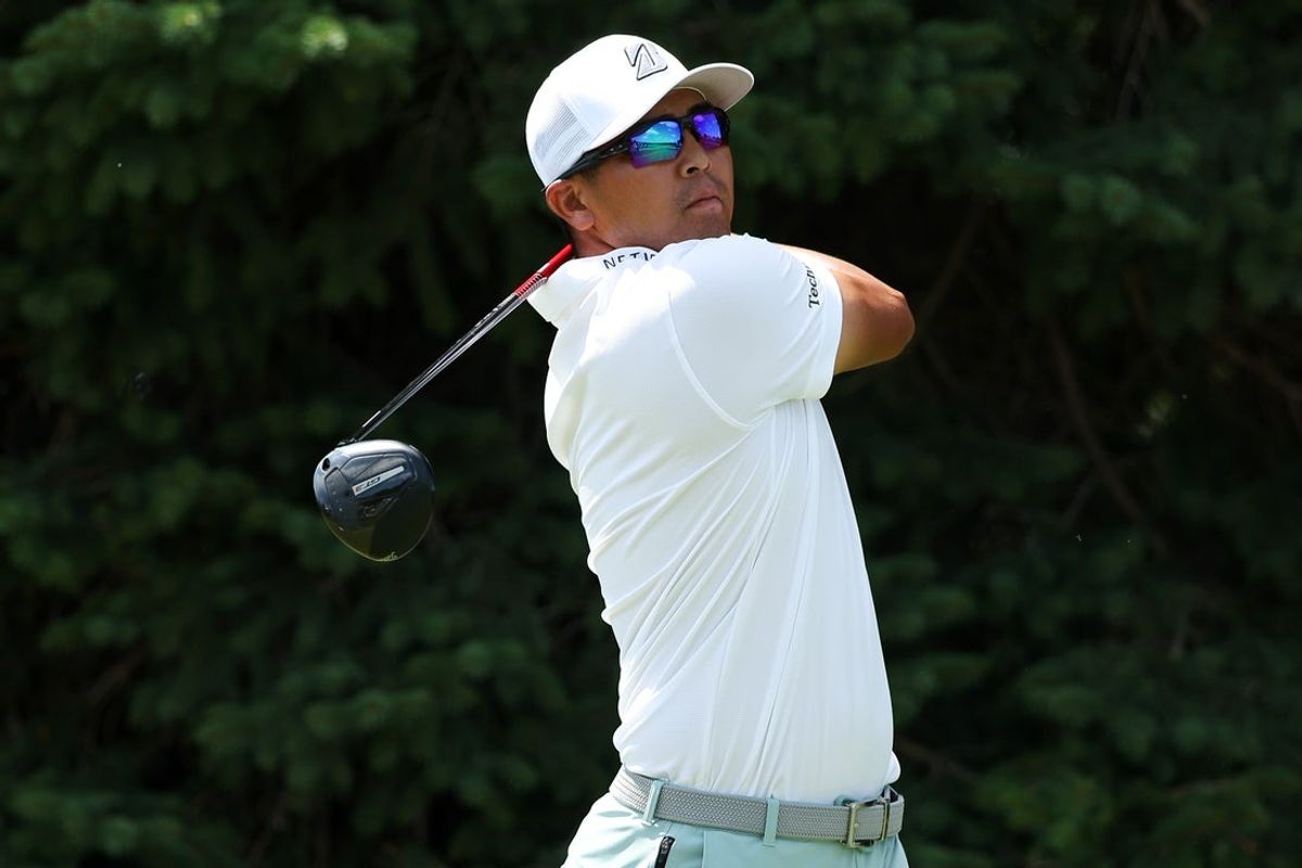 Jul 27, 2025; Blaine, Minnesota, USA; Kurt Kitayama plays his shot from the second tee during the final round of the 3M Open golf tournament. Mandatory Credit: Matt Krohn-Imagn Images