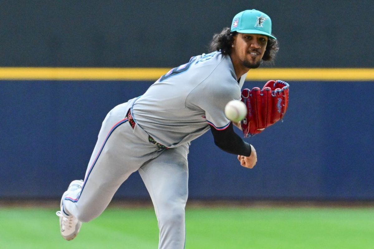 Jul 27, 2025; Milwaukee, Wisconsin, USA;  Miami Marlins starting pitcher Eury Perez (39) throws a pitch in the first inning against the Milwaukee Brewers at American Family Field. Mandatory Credit: Benny Sieu-Imagn Images
