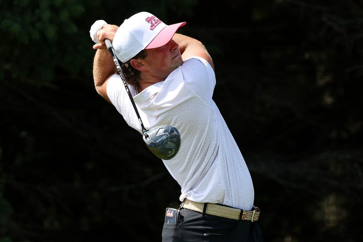 Jul 27, 2025; Blaine, Minnesota, USA; Michael La Sasso plays his shot from the second tee during the final round of the 3M Open golf tournament. Mandatory Credit: Matt Krohn-Imagn Images