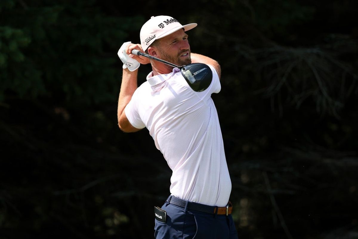 Jul 27, 2025; Blaine, Minnesota, USA; Wyndham Clark plays his shot from the second tee during the final round of the 3M Open golf tournament. Mandatory Credit: Matt Krohn-Imagn Images