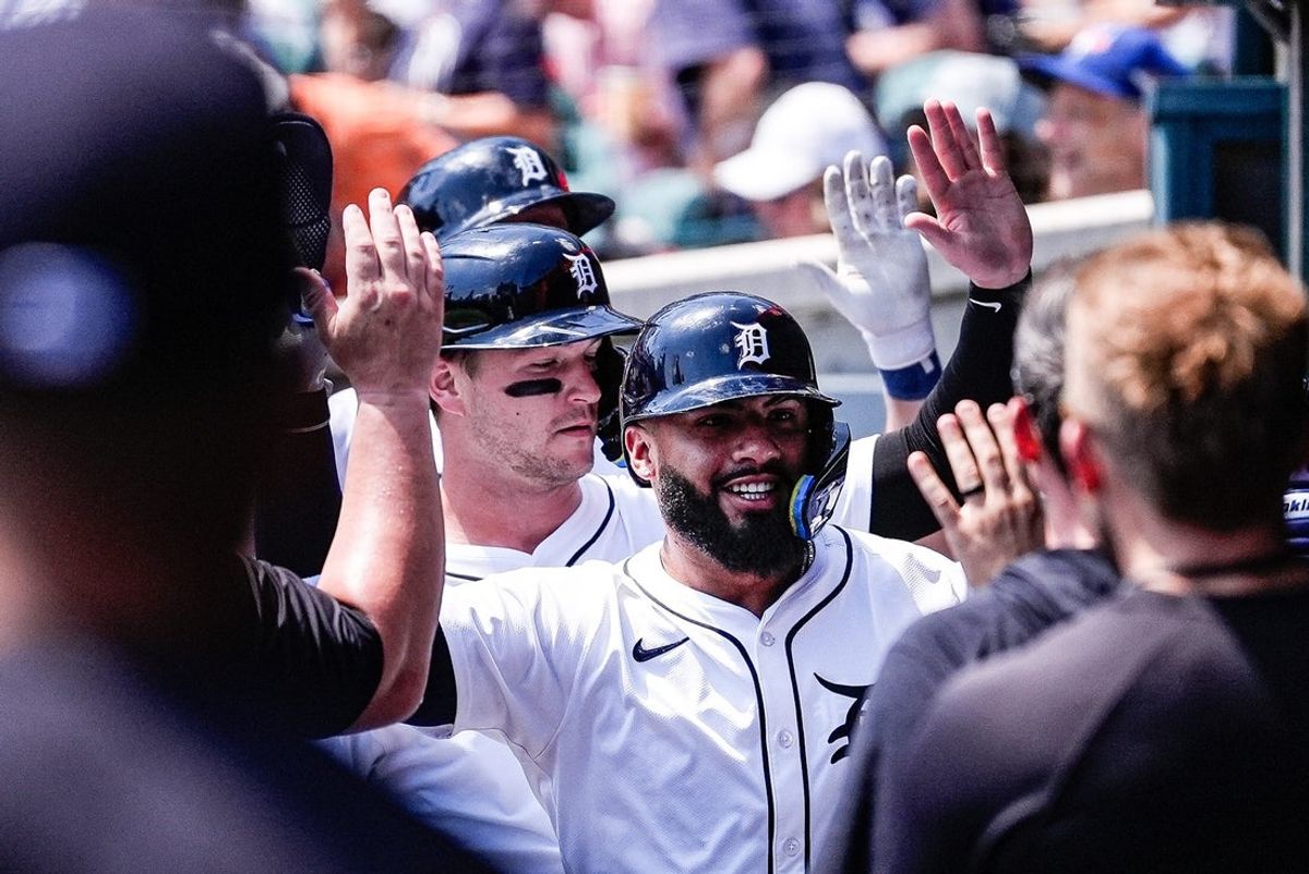 Detroit Tigers second base Gleyber Torres (25) celebrates batting a 3-run home run against Toronto Blue Jays during the third inning at Comerica Park in Detroit on Sunday, July 27, 2025.