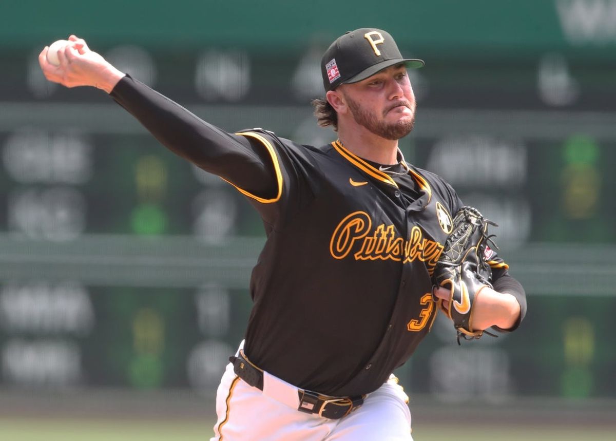 Jul 27, 2025; Pittsburgh, Pennsylvania, USA;  Pittsburgh Pirates starting pitcher Paul Skenes (30) pitches against the Arizona Diamondbacks during the fourth inning at PNC Park. Mandatory Credit: Charles LeClaire-Imagn Images