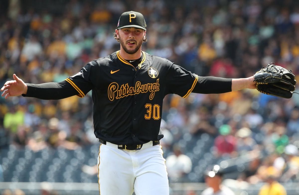 Jul 27, 2025; Pittsburgh, Pennsylvania, USA;  Pittsburgh Pirates starting pitcher Paul Skenes (30) reacts after pitching six scoreless innings against the Arizona Diamondbacks at PNC Park. Mandatory Credit: Charles LeClaire-Imagn Images