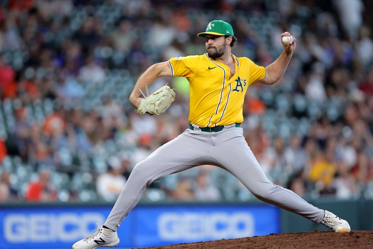 Jul 27, 2025; Houston, Texas, USA; Athletics relief pitcher Ben Bowden (62) delivers a pitch against the Houston Astros during the ninth inning at Daikin Park. Mandatory Credit: Erik Williams-Imagn Images