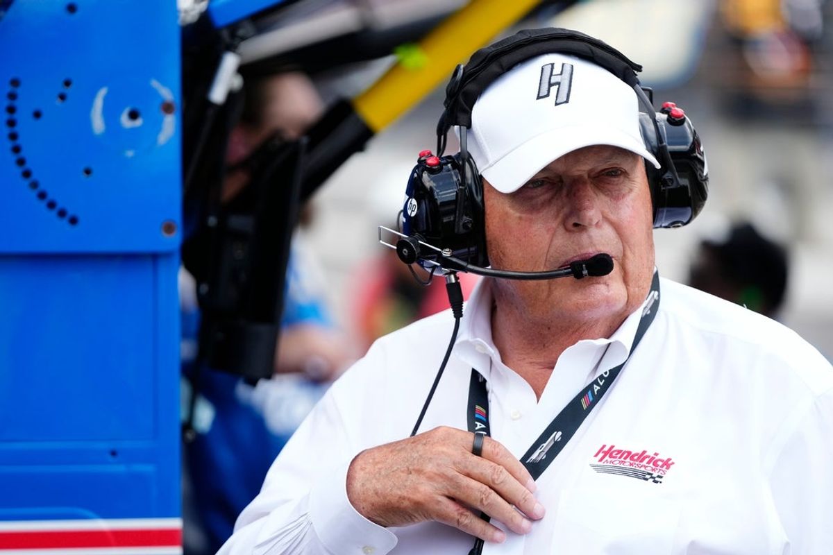 Rick Hendrick of Hendrick Motorsports watches from Kyle Larson's pit Sunday, July 27, 2025, during the Brickyard 400 at Indianapolis Motor Speedway.