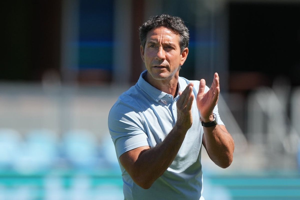 Jul 27, 2025; San Jose, California, USA; Bay FC head coach Albertin Montoya applauds on the pitch before the game against the Urawa Red Diamonds at PayPal Park. Mandatory Credit: Darren Yamashita-Imagn Images