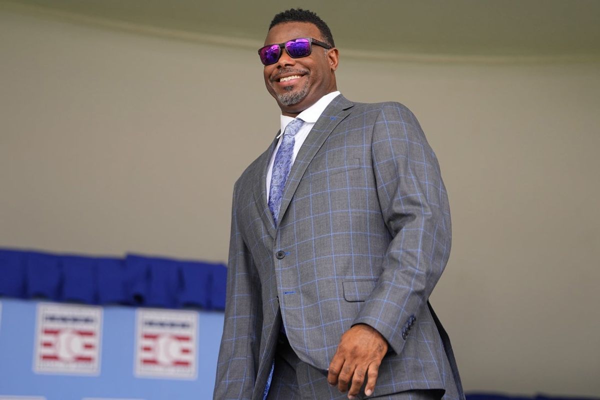 Jul 27, 2025; Cooperstown, NY, USA; Hall of Famer Ken Griffey Jr. is introduced during the Baseball Hall of Fame Induction Ceremony at the Clark Sports Center. Mandatory Credit: Gregory Fisher-Imagn Images