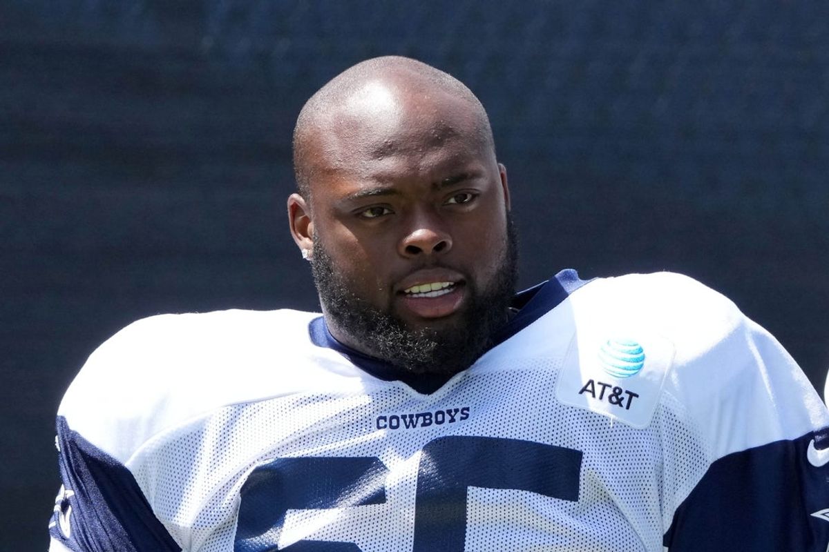 Jul 27, 2025; Oxnard, CA, USA; Dallas Cowboys guard Rob Jones (65) at training camp at the River Ridge Fields. Mandatory Credit: Kirby Lee-Imagn Images