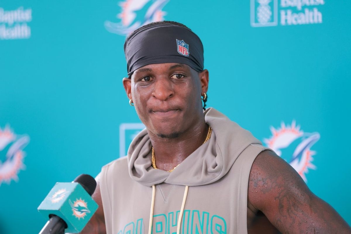 Jul 28, 2025; Miami Gardens, MI, USA; Miami Dolphins cornerback Mike Hilton (38) speaks to reporters during training camp at Baptist Health Training Complex. Mandatory Credit: Sam Navarro-Imagn Images