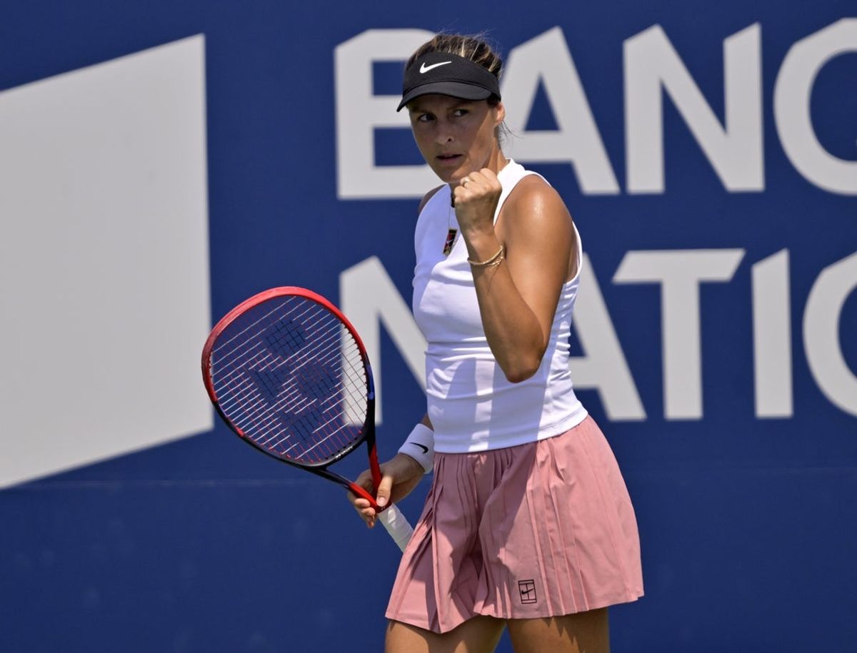Jul 28, 2025; Montreal, QC, Canada; Tatjana Maria (GER) reacts after a point against Laura Siegemund (GER) in first round play at IGA Stadium. Mandatory Credit: Eric Bolte-Imagn Images