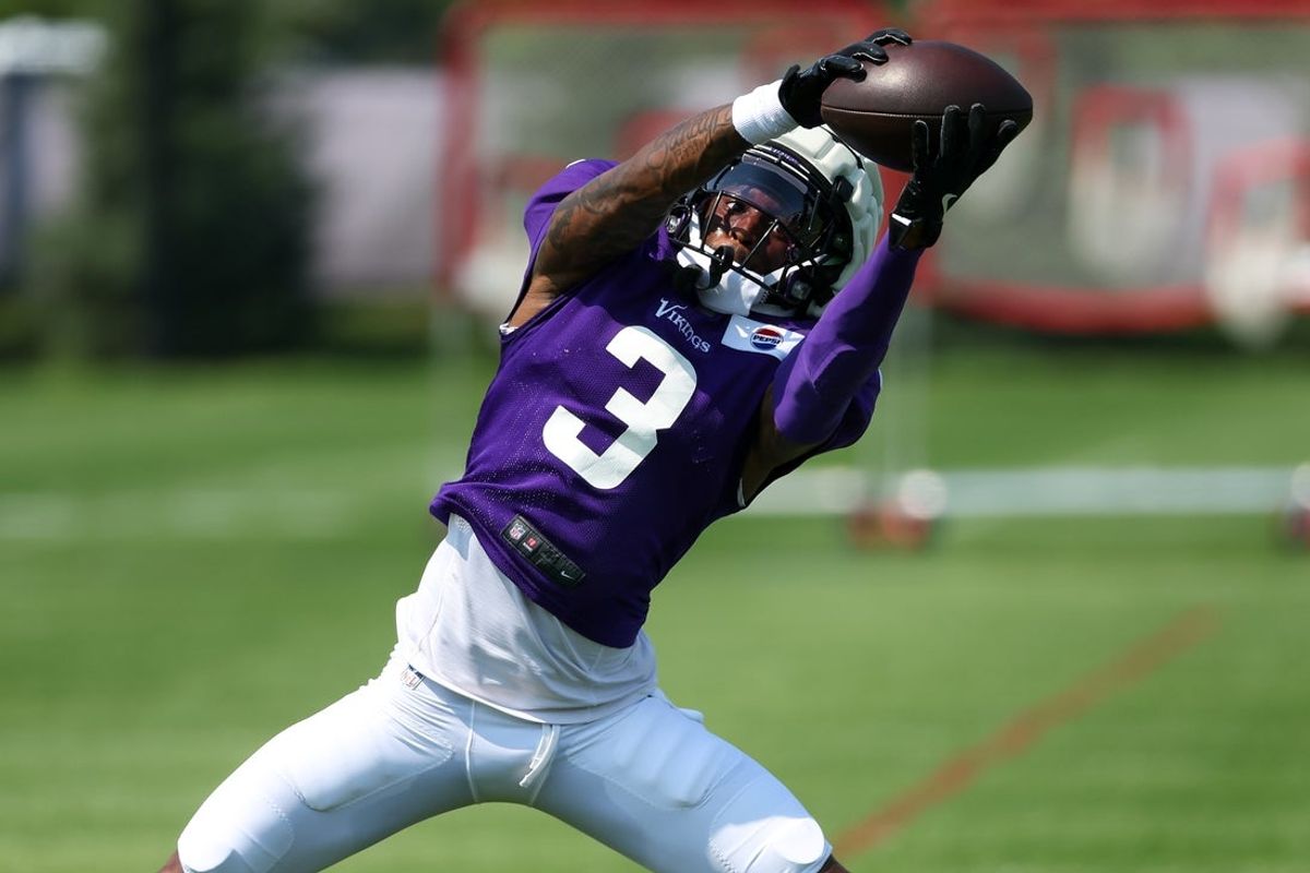 Jul 28, 2025; Eagan, MN, USA; Minnesota Vikings wide receiver Jordan Addison (3) takes part in drills during the teams training camp at the Minnesota Vikings Training Facility. Mandatory Credit: Matt Krohn-Imagn Images