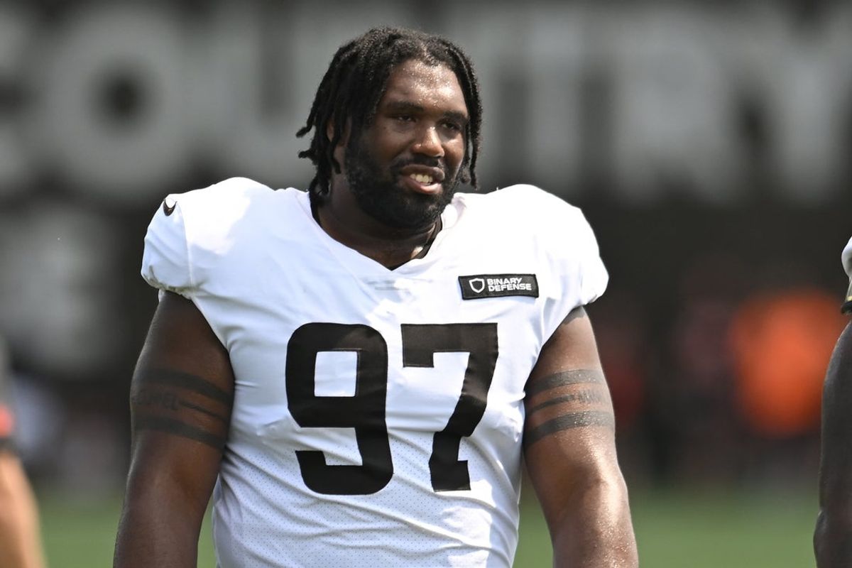 Jul 28, 2025; Berea, OH, USA; Cleveland Browns defensive tackle Jowon Briggs (97) during training camp at CrossCountry Mortgage Campus. Mandatory Credit: Ken Blaze-Imagn Images