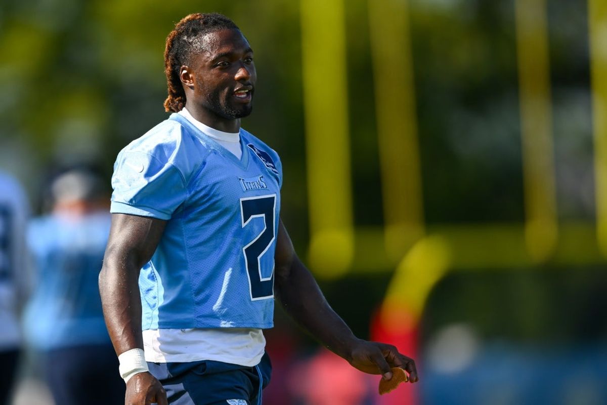 Jul 24, 2025; Nashville, TN, USA;  Tennessee Titans running back Tyjae Spears (2) talking during training camp at Ascension Saint Thomas Sports Park. Mandatory Credit: Steve Roberts-Imagn Images