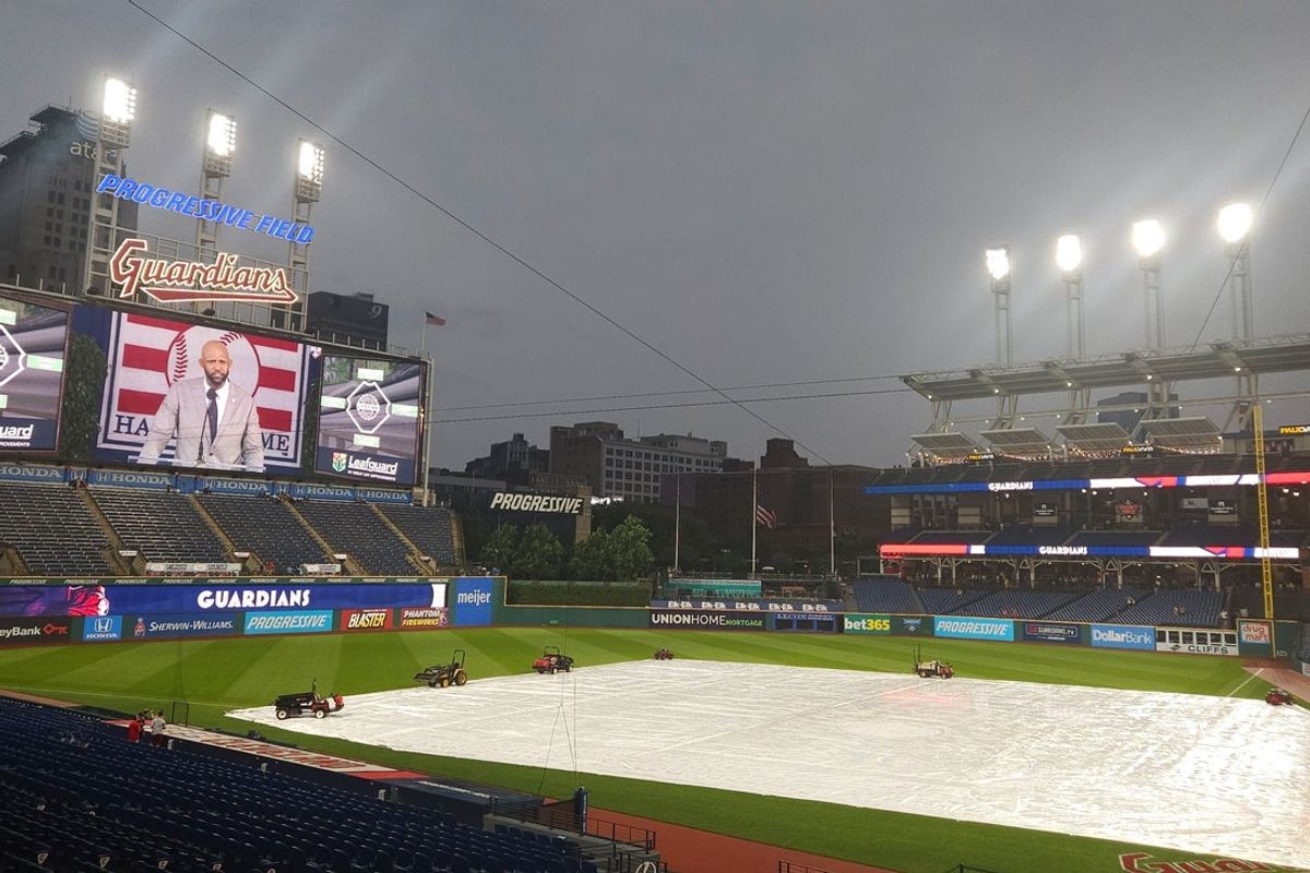 Jul 28, 2025; Cleveland, Ohio, USA; A general view of Progressive Field during a rain delay before a game between the Cleveland Guardians and the Colorado Rockies. Mandatory Credit: David Richard-Imagn Images