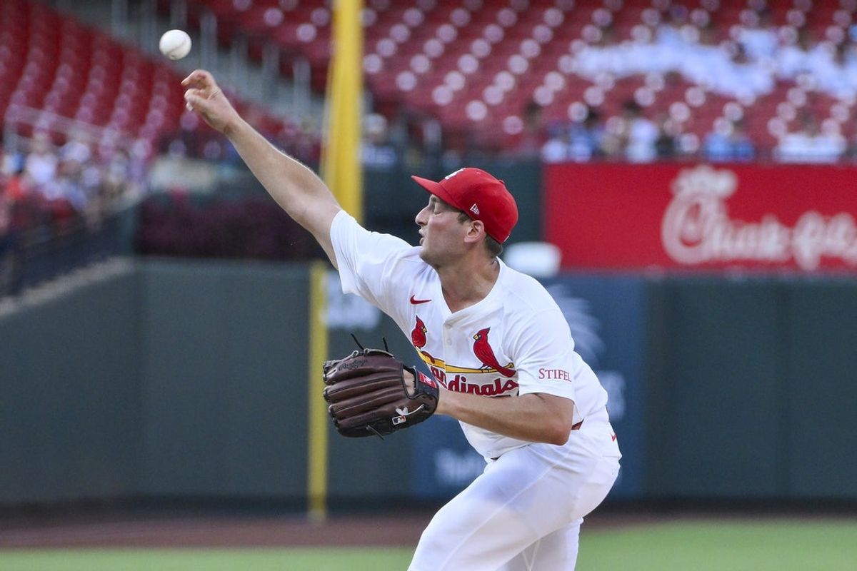Jul 28, 2025; St. Louis, Missouri, USA;  St. Louis Cardinals starting pitcher Andre Pallante (53) pitches against the Miami Marlins during the first inning at Busch Stadium. Mandatory Credit: Jeff Curry-Imagn Images