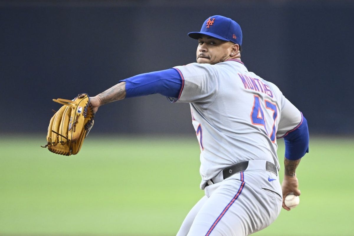 Jul 28, 2025; San Diego, California, USA; New York Mets starting pitcher Frankie Montas (47) delivers during the first inning against the San Diego Padres at Petco Park. Mandatory Credit: Denis Poroy-Imagn Images