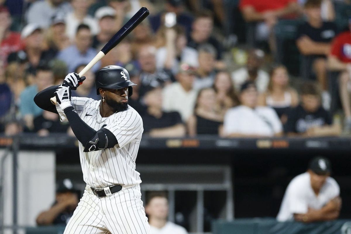 Jul 28, 2025; Chicago, Illinois, USA; Chicago White Sox center fielder Luis Robert Jr. (88) bats against the Philadelphia Phillies during the sixth inning at Rate Field. Mandatory Credit: Kamil Krzaczynski-Imagn Images