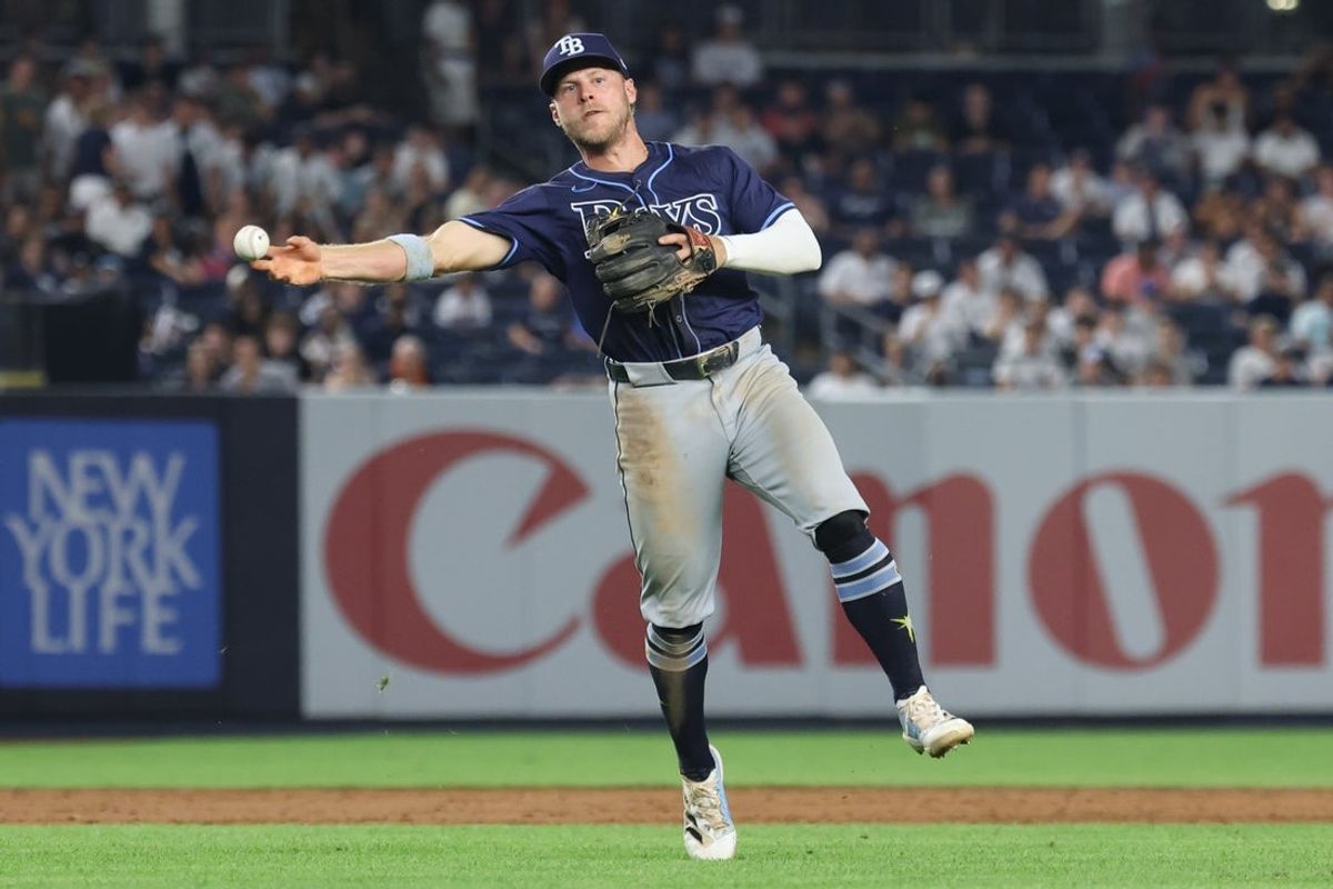 Jul 28, 2025; Bronx, New York, USA; Tampa Bay Rays shortstop Taylor Walls (6) throws the ball to first base for an out during the ninth inning against the New York Yankees at Yankee Stadium. Mandatory Credit: Vincent Carchietta-Imagn Images