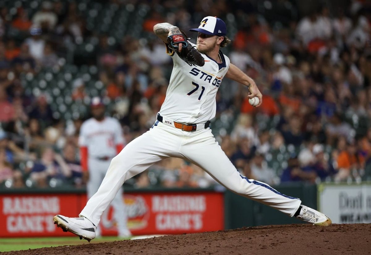 Jul 28, 2025; Houston, Texas, USA; Houston Astros relief pitcher Josh Hader (71) pitches against the Washington Nationals in the ninth inning at Daikin Park. Mandatory Credit: Thomas Shea-Imagn Images